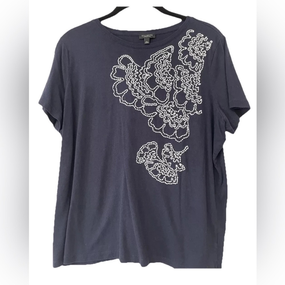 NWOT Talbots Luxury Modal Embroidered Short Sleeve Top Navy Blue, Size 1X Petite - Picture 2 of 6